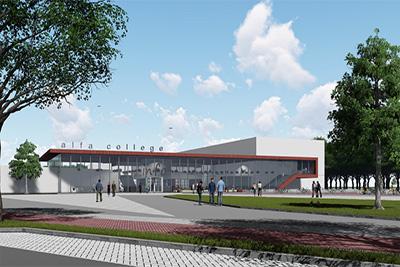 Alfa College Hoogeveen uithangbord van circulair bouwen en leerlingen werken mee